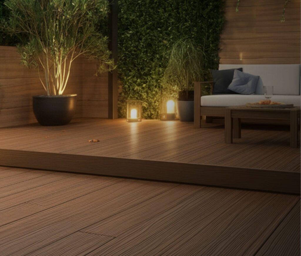 Modern deck constructed with durable Wood Plastic Composite (WPC), showcasing a sleek and sustainable outdoor design.