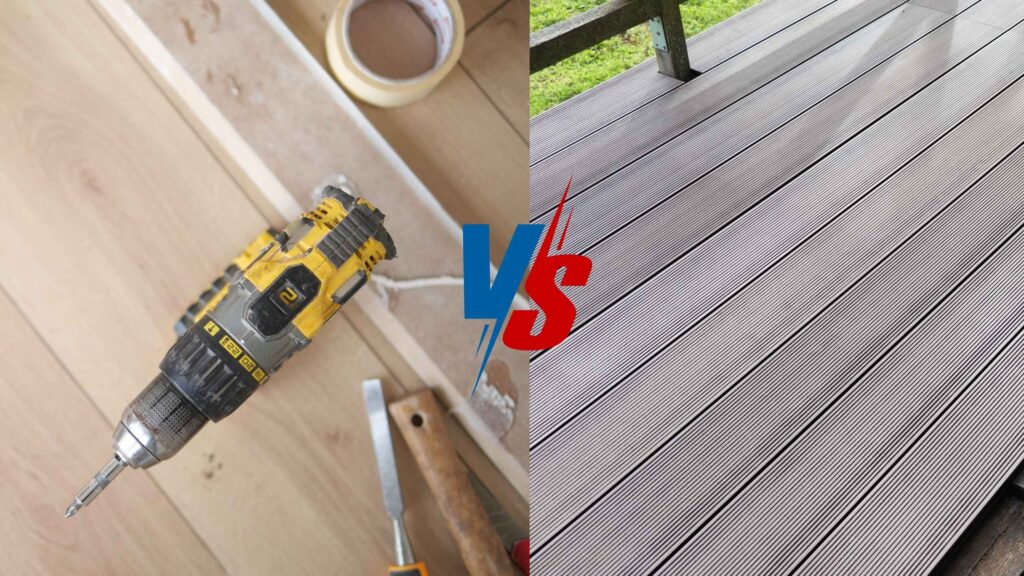 Split image comparing WPC vs Plywood: left side shows a power drill and woodworking tools on a light-colored wood surface, representing plywood; right side shows grey, grooved composite decking, representing WPC.