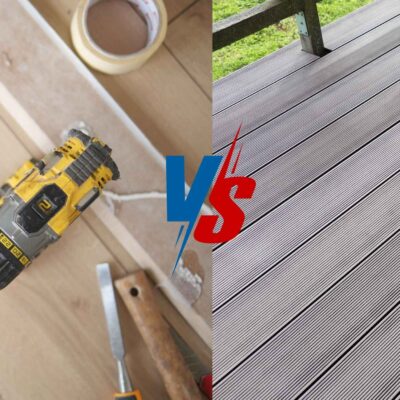 Split image comparing WPC vs Plywood: left side shows a power drill and woodworking tools on a light-colored wood surface, representing plywood; right side shows grey, grooved composite decking, representing WPC.