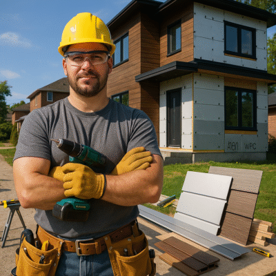 A confident contractor wearing a yellow hard hat and holding a cordless drill stands in front of a modern home under construction in Toronto. The house features partially installed siding, including wood-plastic composite (WPC) panels, with construction materials visible in the foreground. Showcasing the expertise of a top siding contractor in Toronto.
