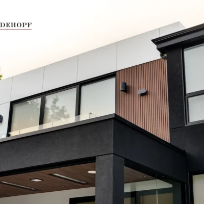 Corner view of a North York home's balcony with ACM and WPC cladding.