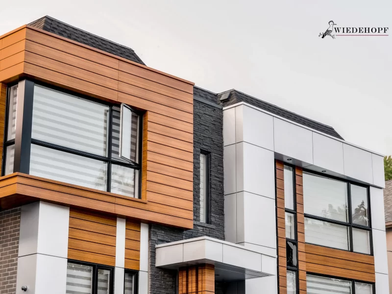 Close-up of the upper facade: wood grain aluminum siding cube next to a white panel section.