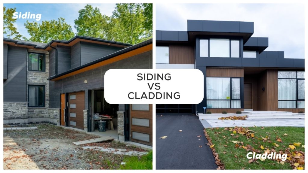 Side-by-side comparison of two modern house exteriors, one with Siding and one with Cladding.