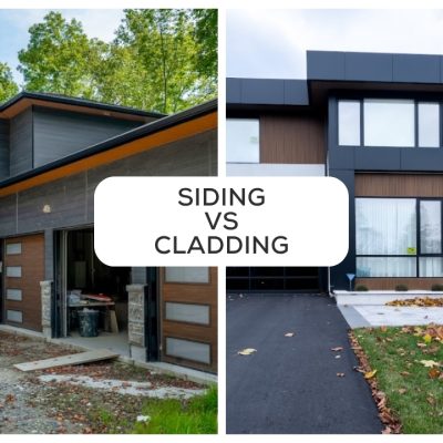 Side-by-side comparison of two modern house exteriors, one with Siding and one with Cladding.
