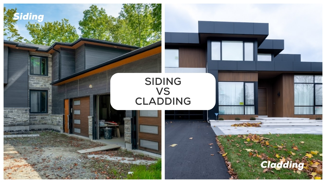 Side-by-side comparison of two modern house exteriors, Siding vs Cladding.