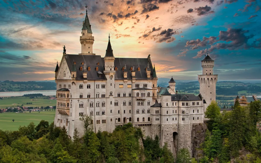Neuschwanstein Castle in Germany, a romantic landmark with dramatic stone façades and fairy-tale architectural identity