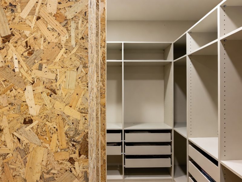 Particleboard composite wood material used for interior shelving and cabinetry