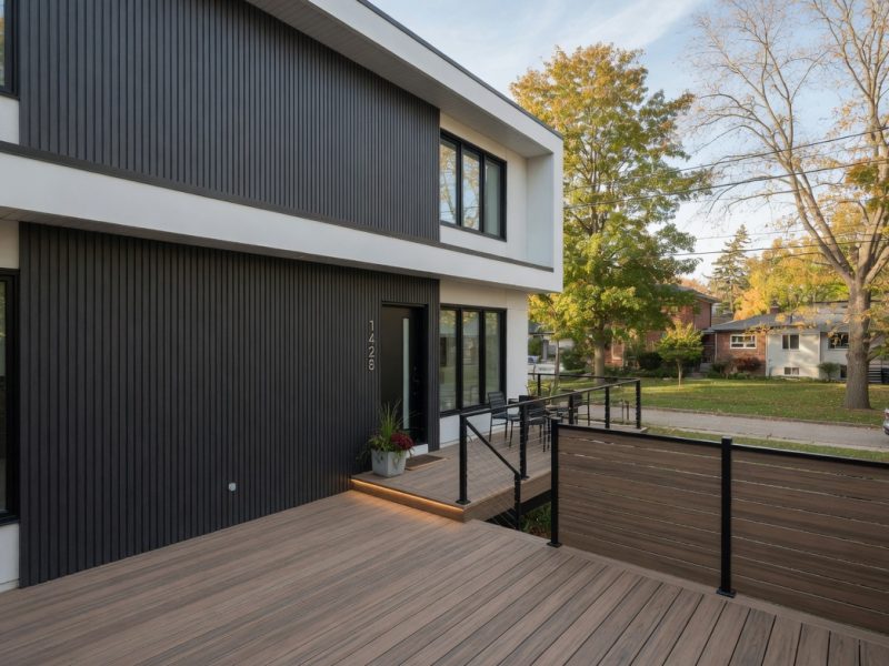 Modern Ontario home with composite wood materials including fluted panels and decking for exterior use