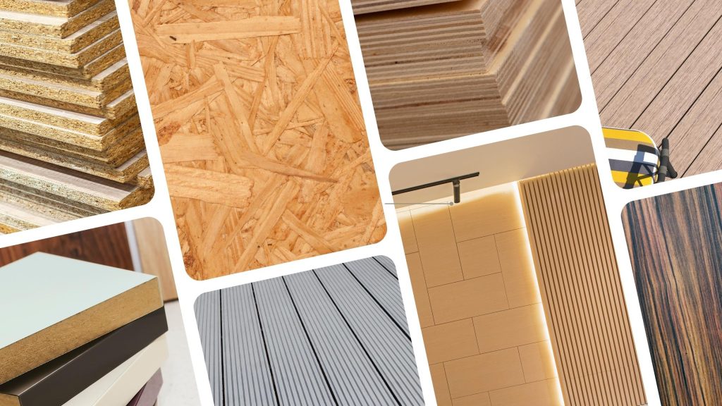 samples of five composite wood types: particleboard, MDF, OSB, plywood, and WPC.