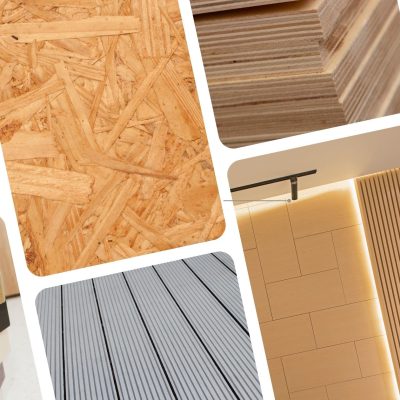 samples of five composite wood types: particleboard, MDF, OSB, plywood, and WPC.